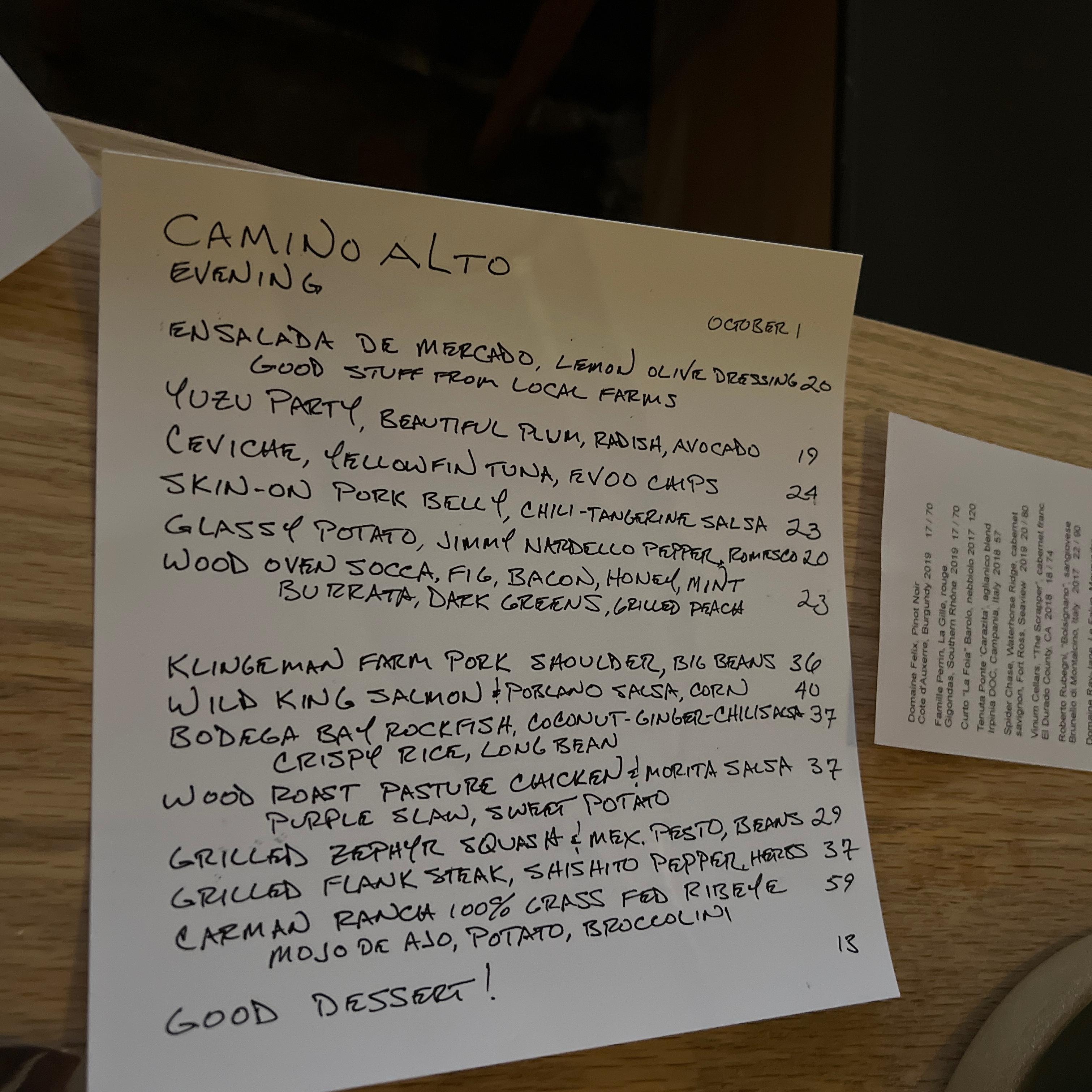 Dinner at Camino Alto